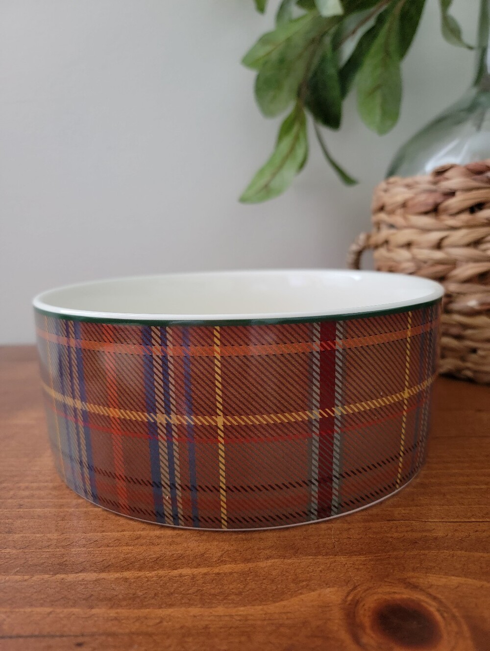 Pottery Barn Woodrow Plaid Large Pet Stoneware Dog Dish Food Or Water Bowl - Picture 2 of 8